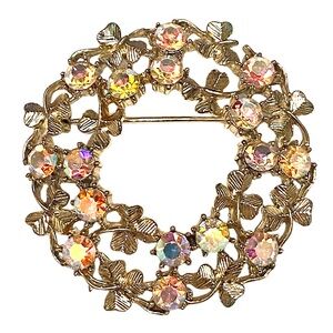 CORO 1950s AB Rhinestone Clover Brooch Gold Vintage